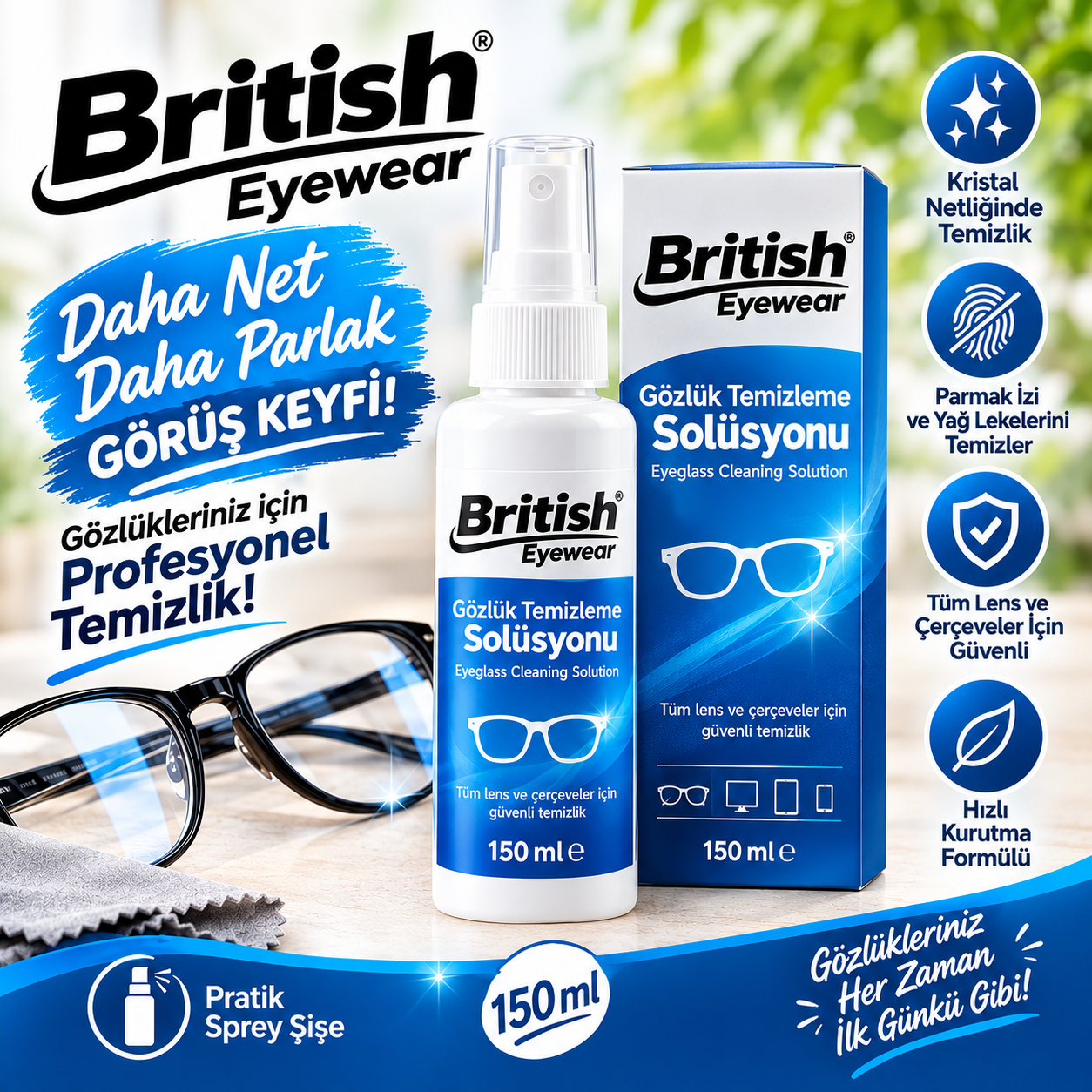 British Eyewear Gözlük Temizleme Solüsyonu 150 ml.