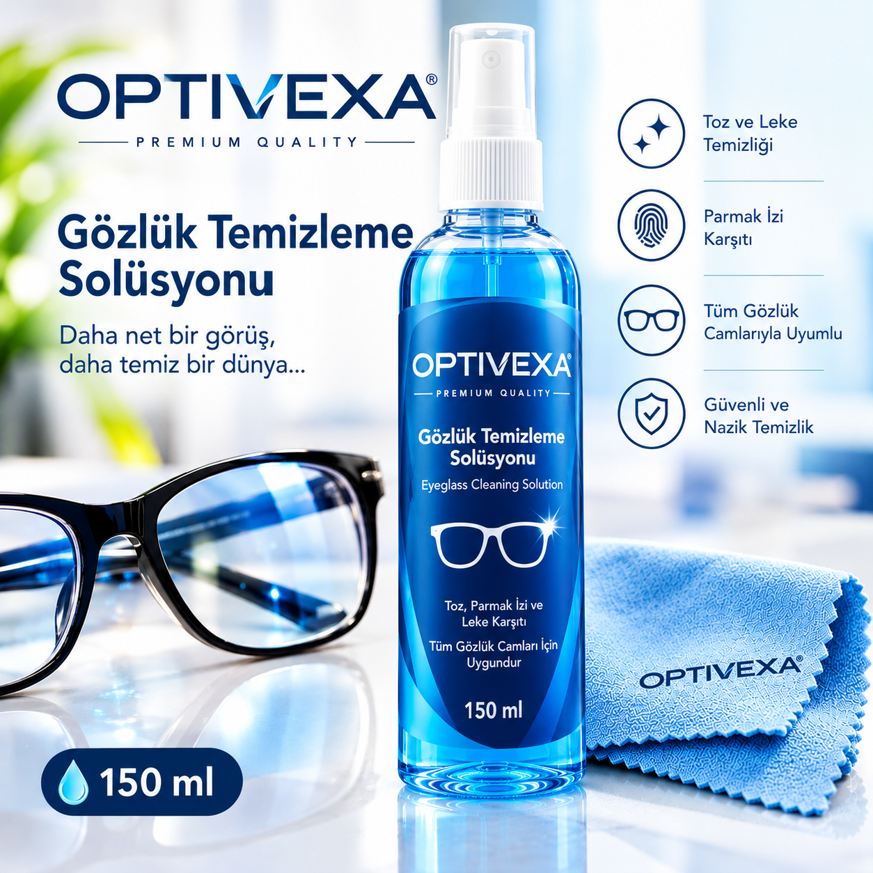 Optivexa Gözlük Temizleme Solüsyonu 150 ml.