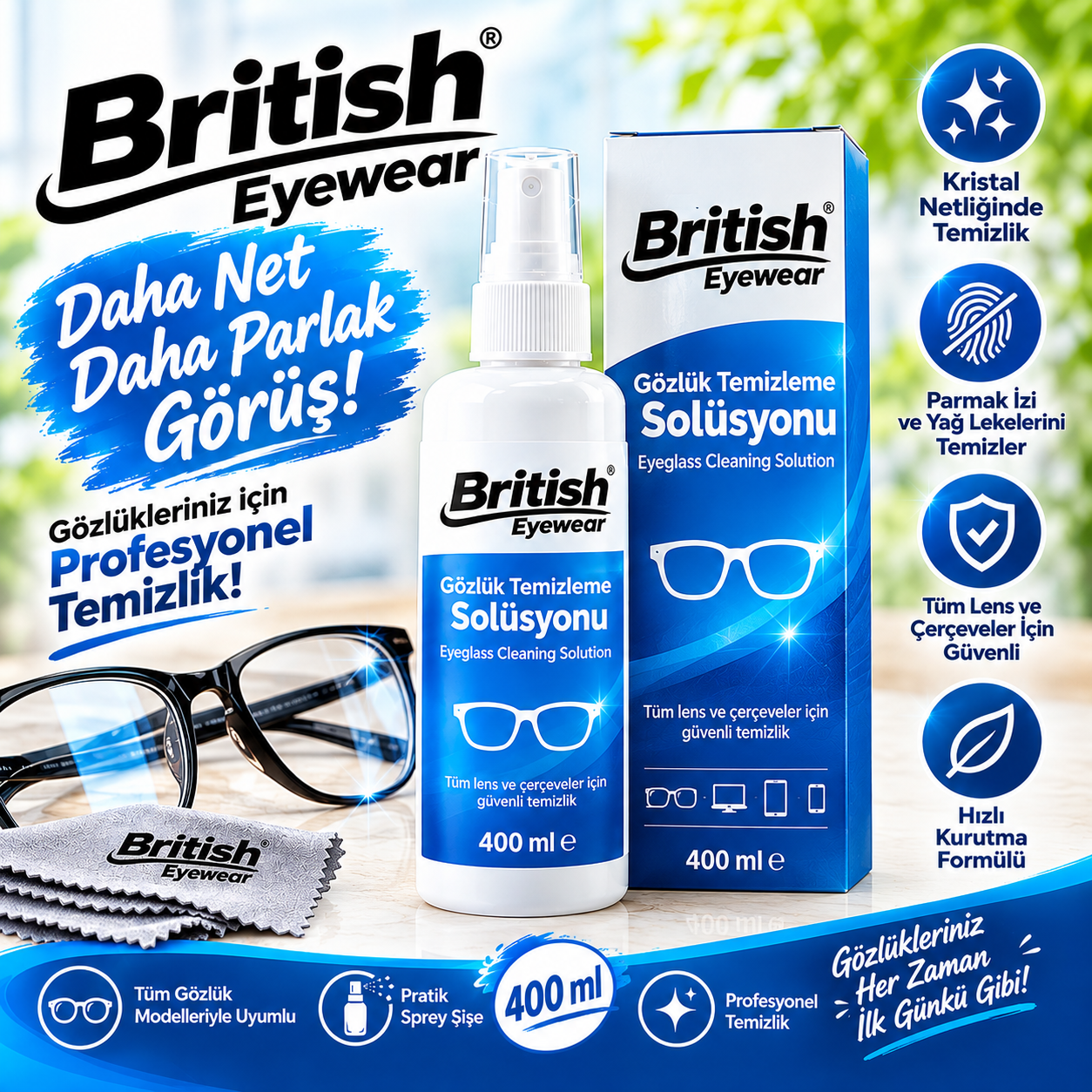 British Eyewear Gözlük Temizleme Solüsyonu 400 ml.