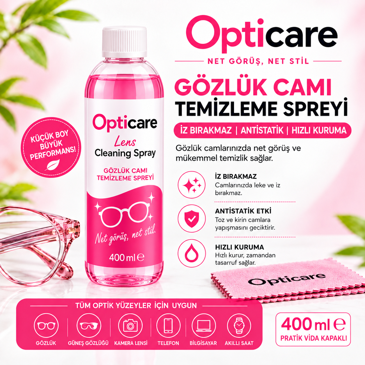 Opticare Gözlük Temizleme Solüsyonu 400 ml.