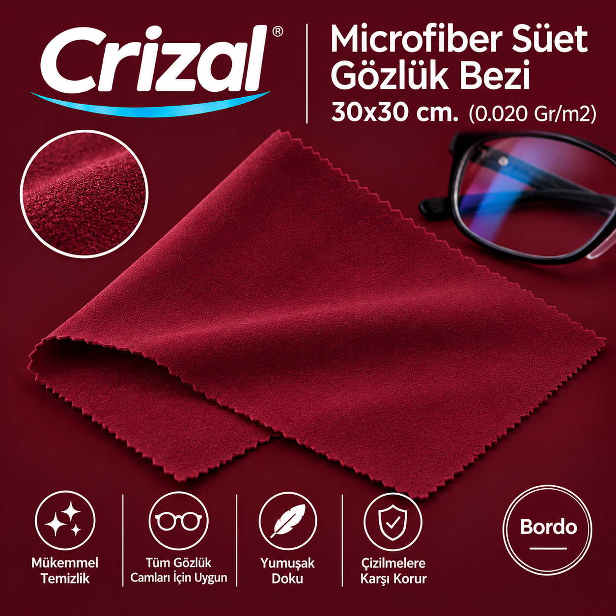Crizal Microfiber Süet Gözlük Bezi 30x30 cm. (0.020 Gr/m2)
