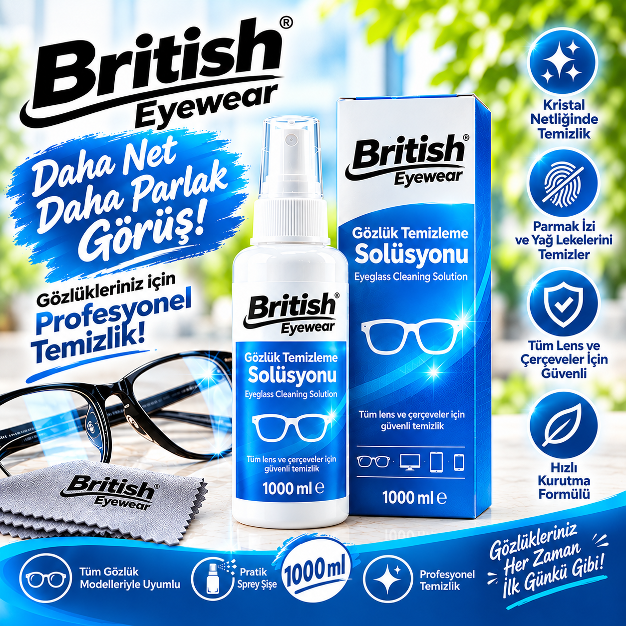 British Eyewear Gözlük Temizleme Solüsyonu 1000 ml.