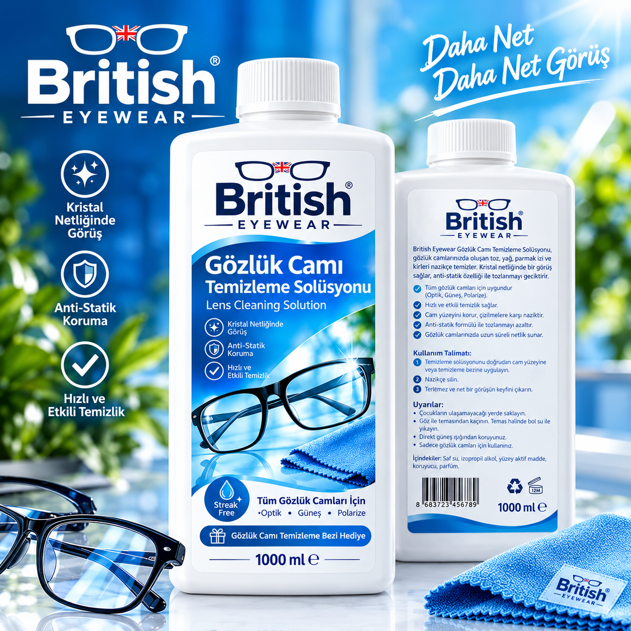 British Eyewear Gözlük Temizleme Solüsyonu 1000 ml.