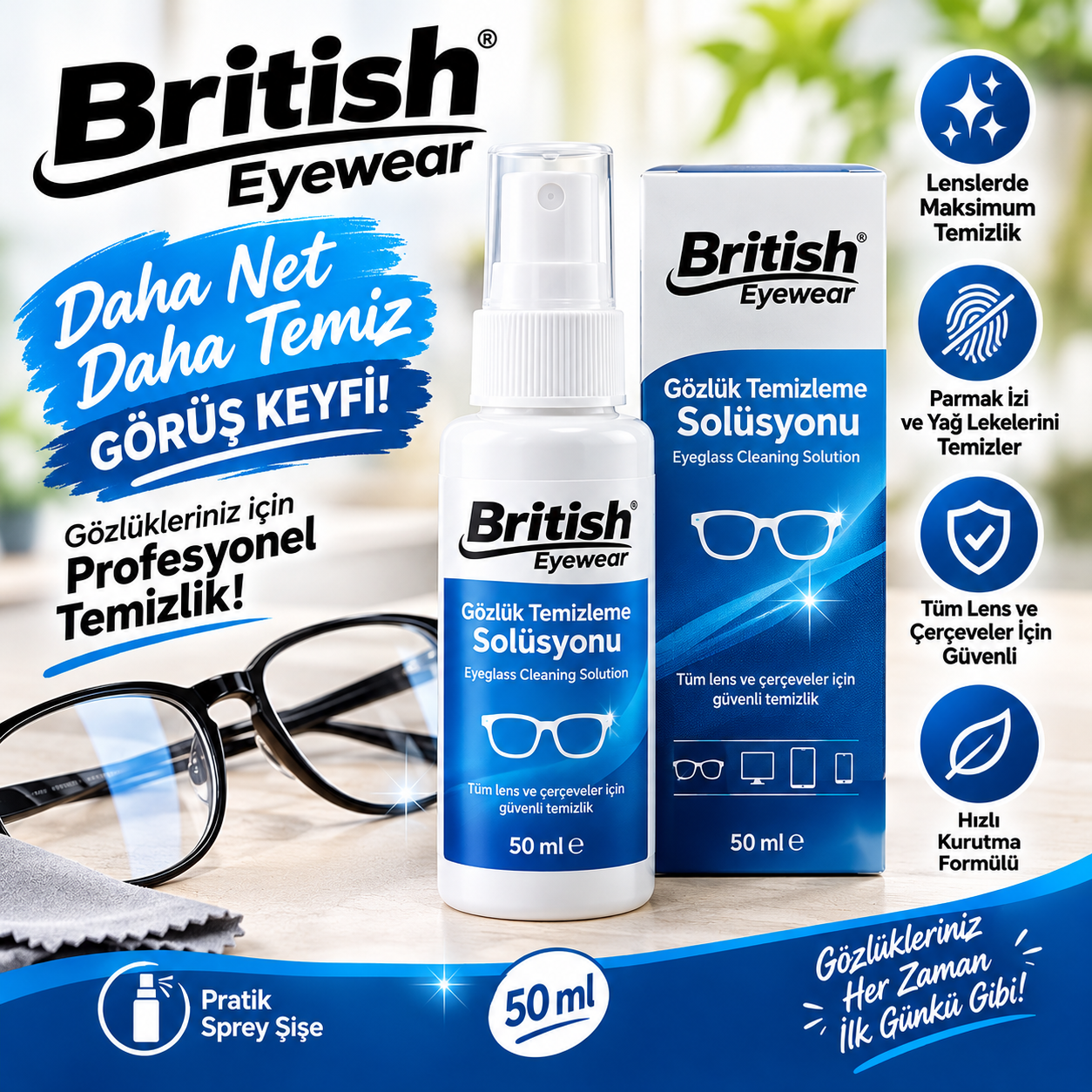 British Eyewear Gözlük Temizleme Solüsyonu 50 ml.