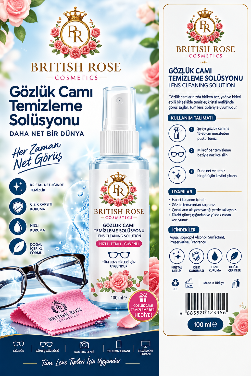 British Rose Gözlük Temizleme Solüsyonu 100 ml.