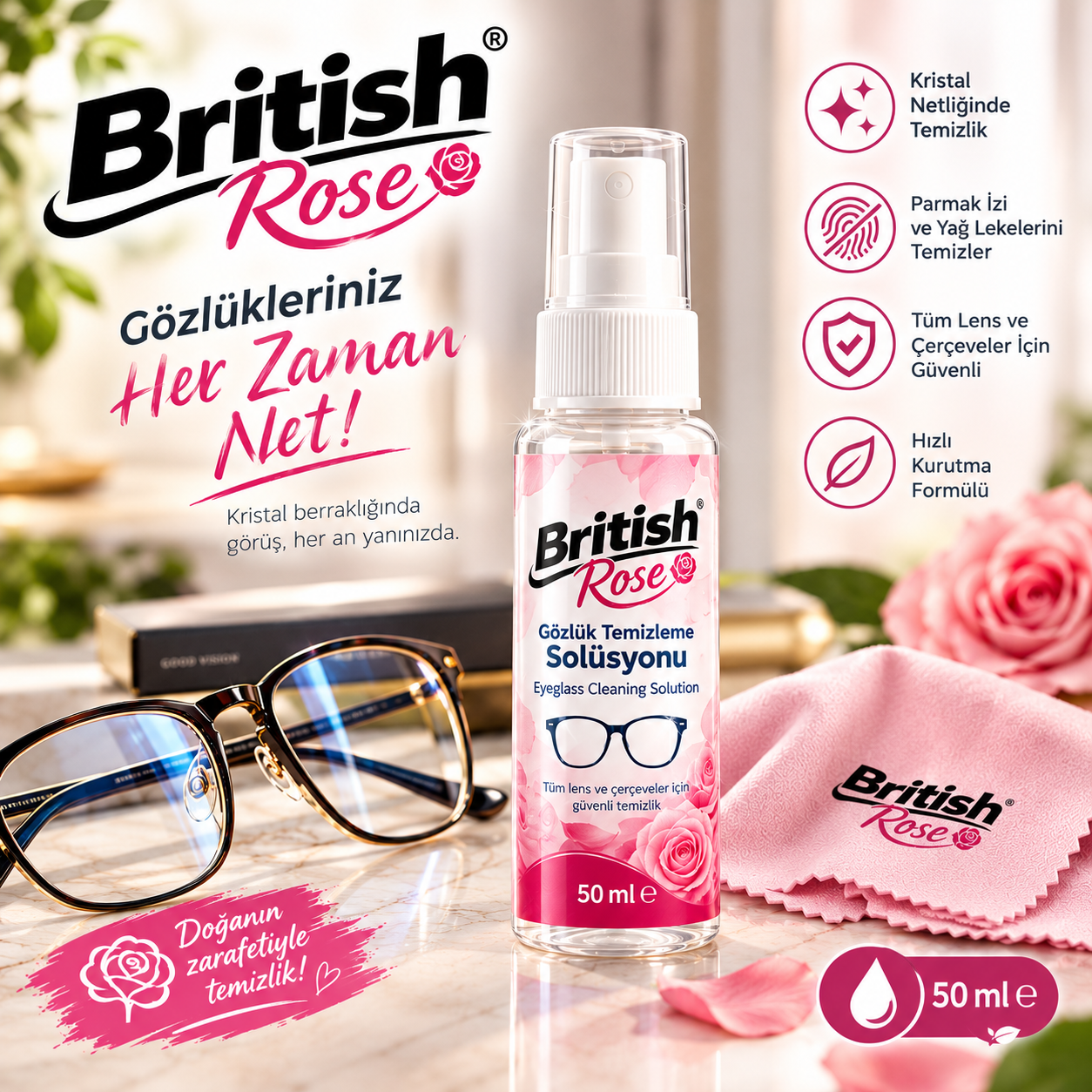 British Rose  Gözlük Temizleme Solüsyonu 50 ml.