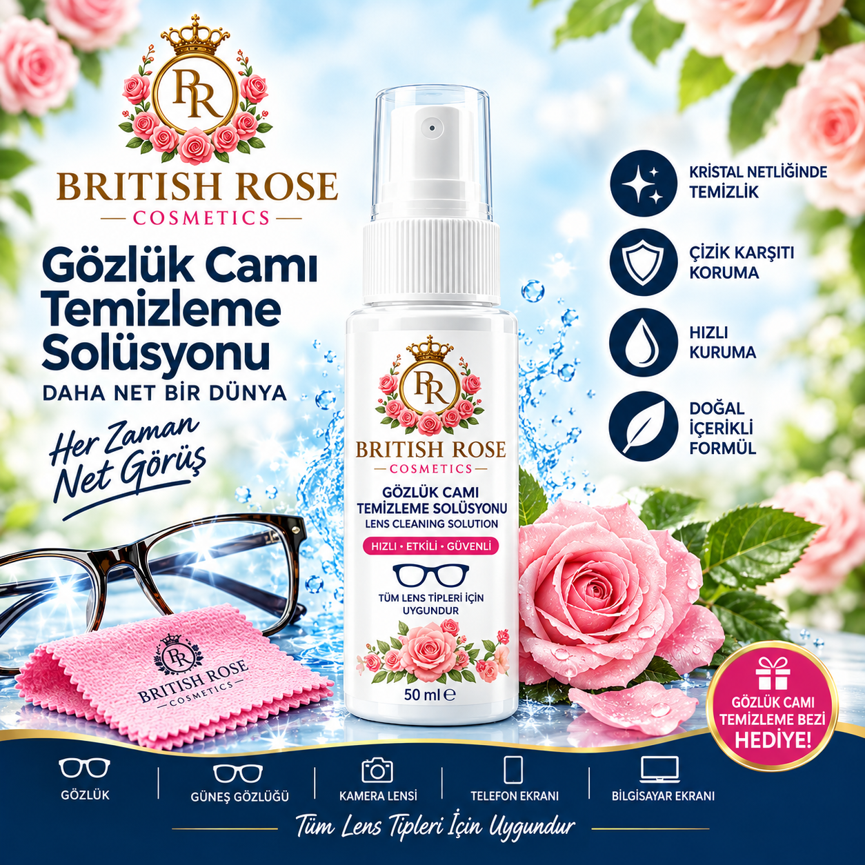 British Rose Gözlük Temizleme Solüsyonu 50 ml.