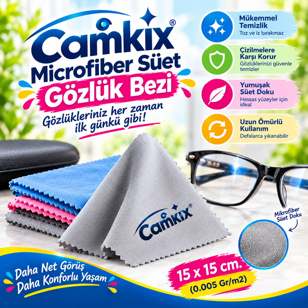 Camkix Microfiber Süet Gözlük Bezi 15x15 cm. (0.005 Gr/m2)