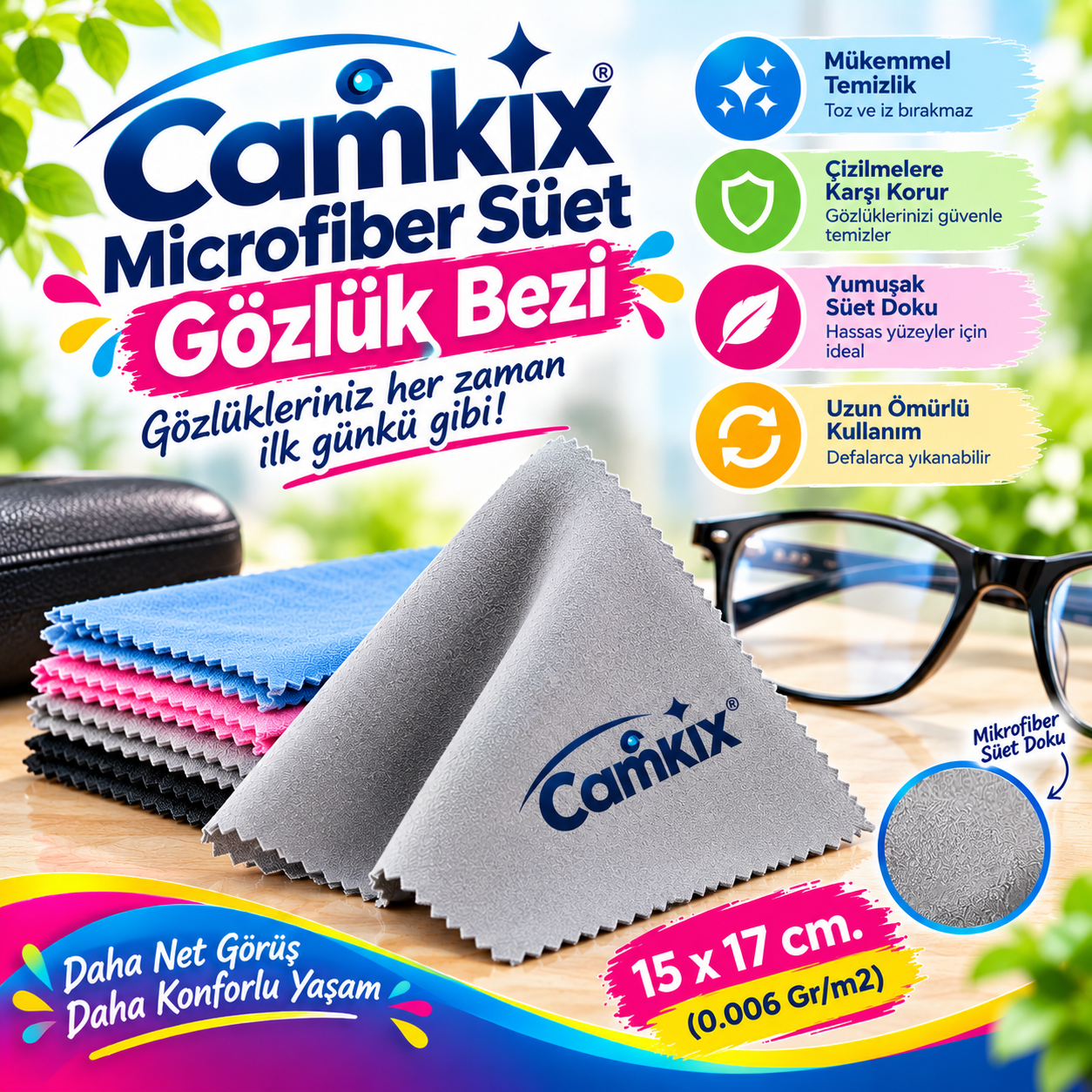 Camkix Microfiber Süet Gözlük Bezi 15x17 cm. (0.006 Gr/m2)