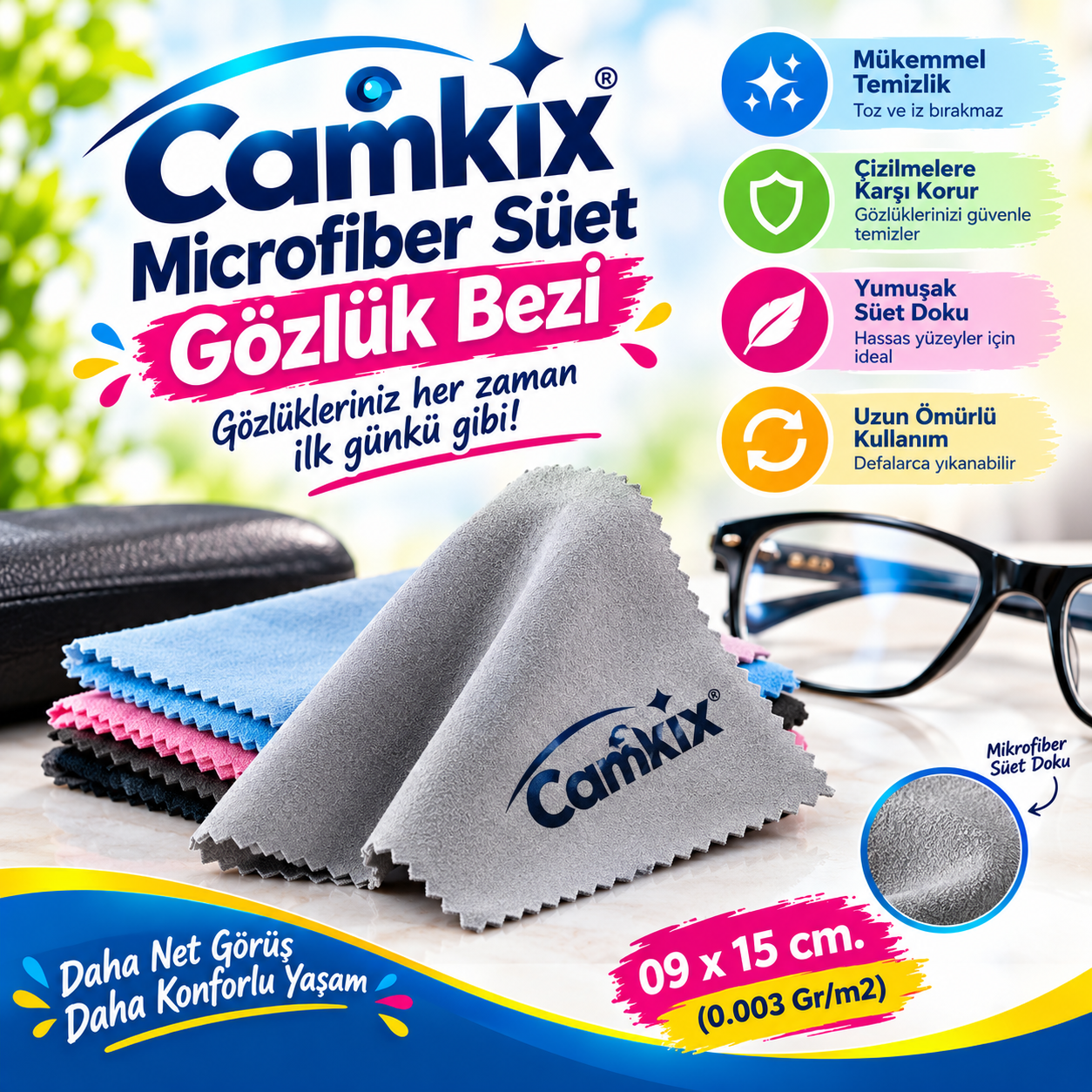 Camkix Microfiber Süet Gözlük Bezi 09x15 cm. (0.003 Gr/m2)