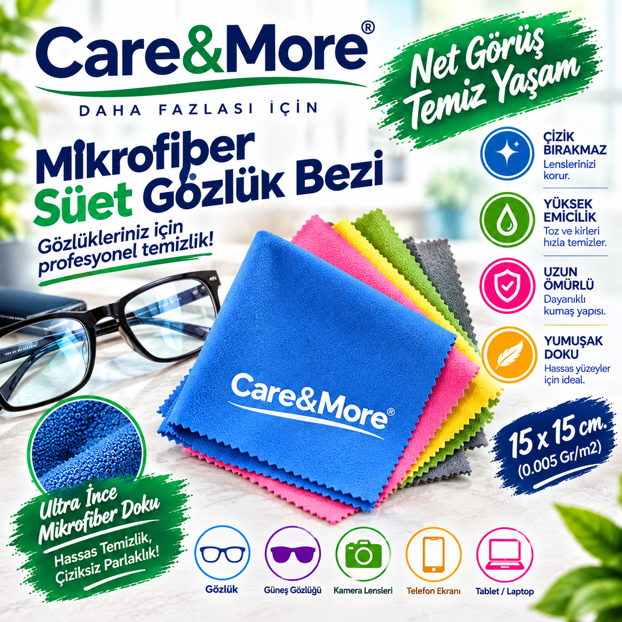 Care&More Microfiber Süet Gözlük Bezi 15x15 cm. (0.005 Gr/m2)