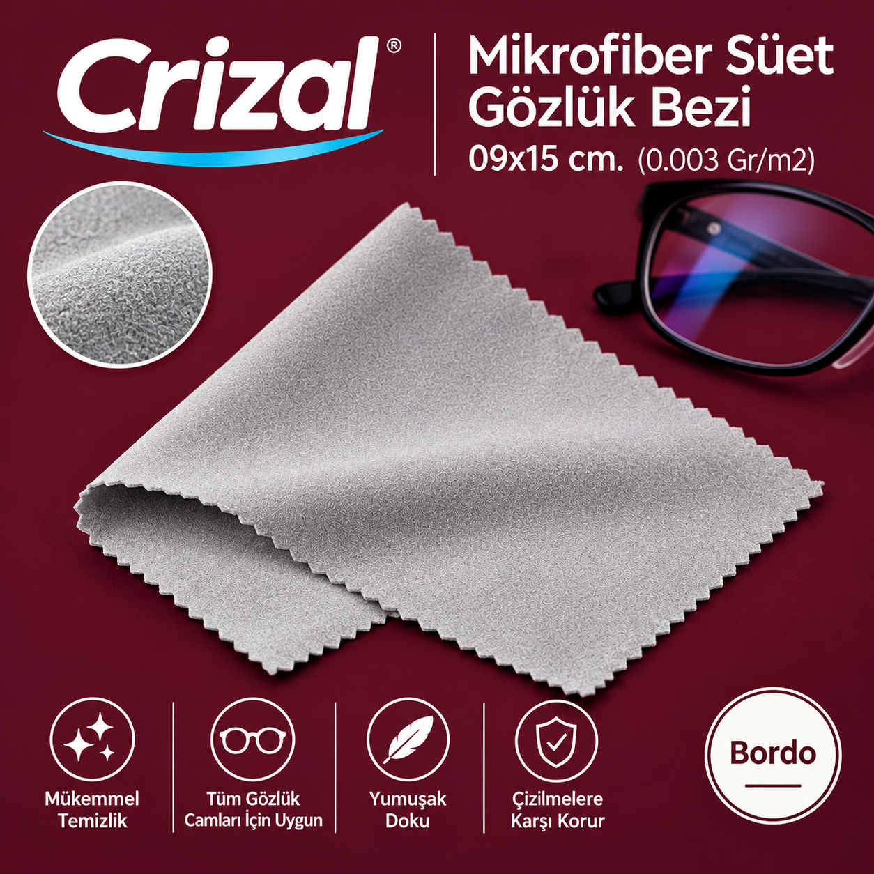 Crizal Microfiber Süet Gözlük Bezi 09x15 cm. (0.003 Gr/m2)