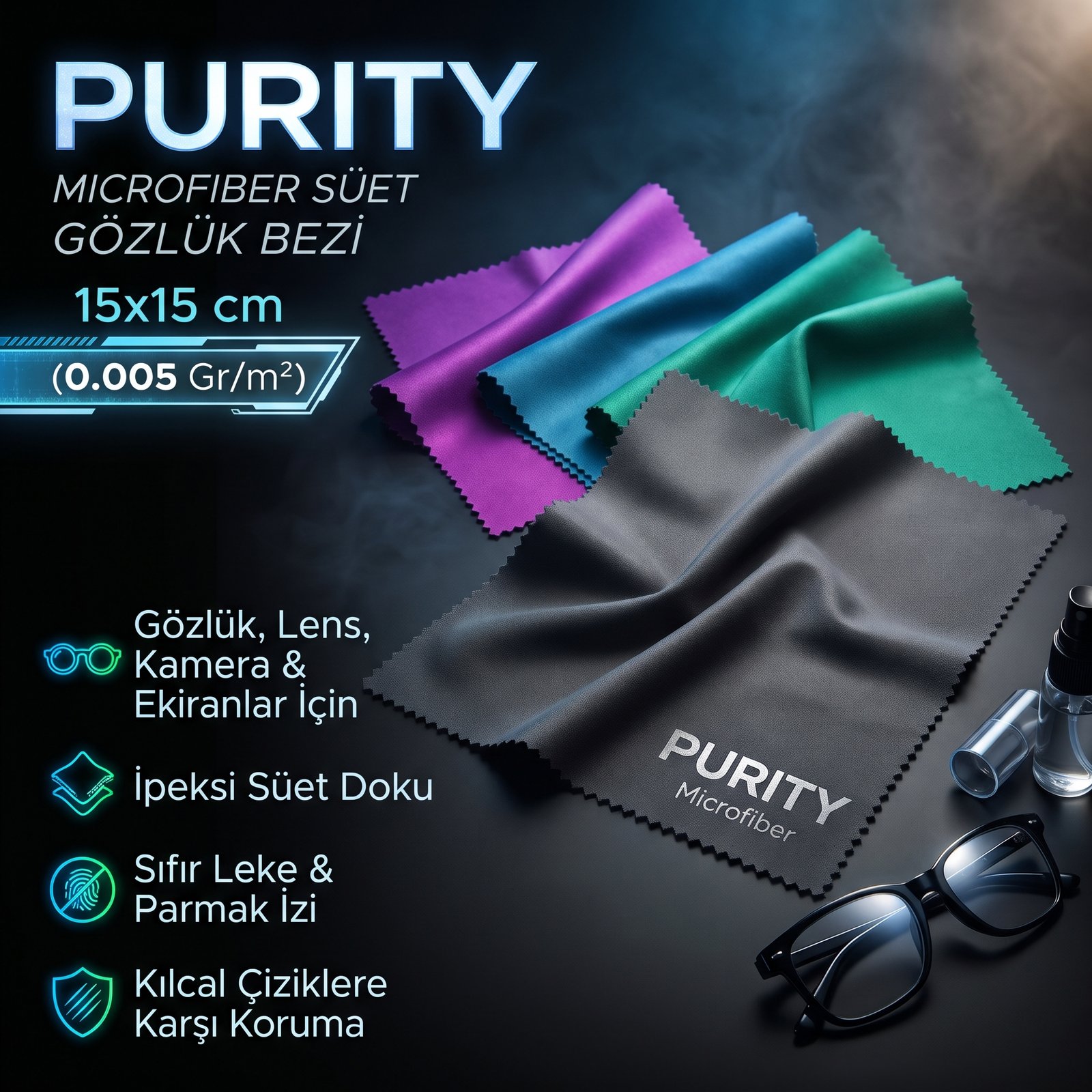Purity Microfiber Süet Gözlük Bezi 15x15 cm. (0.005 Gr/m2)