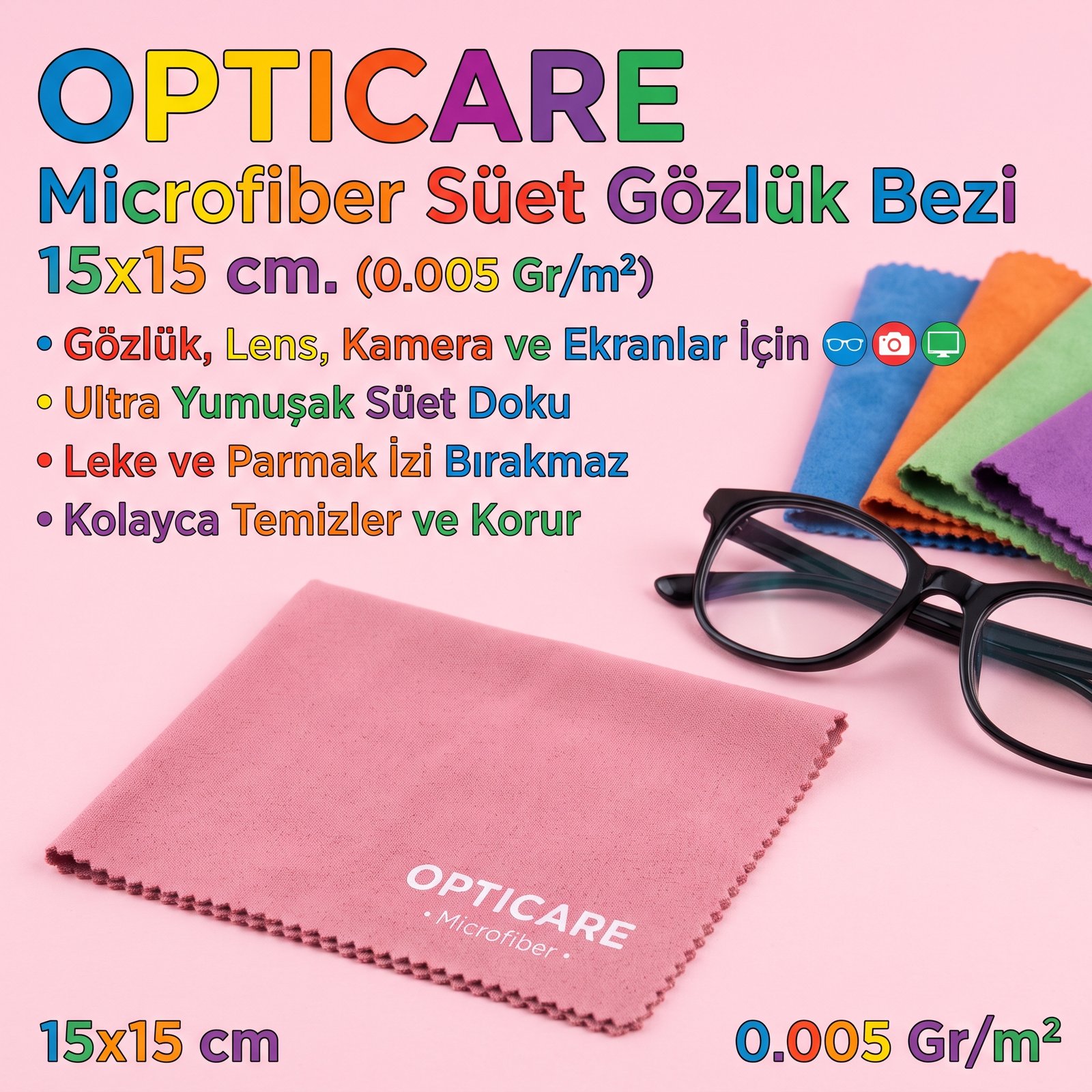 Opticare Microfiber Süet Gözlük Bezi 15x15 cm. (0.005 Gr/m2)
