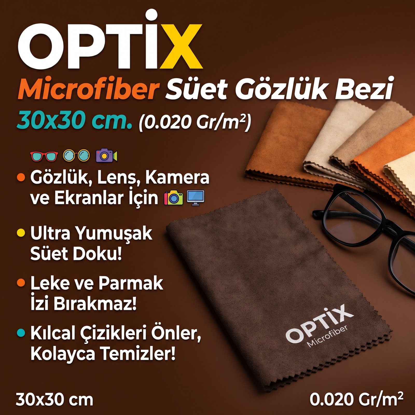 Optix Microfiber Süet Gözlük Bezi 30x30 cm. (0.020 Gr/m2)
