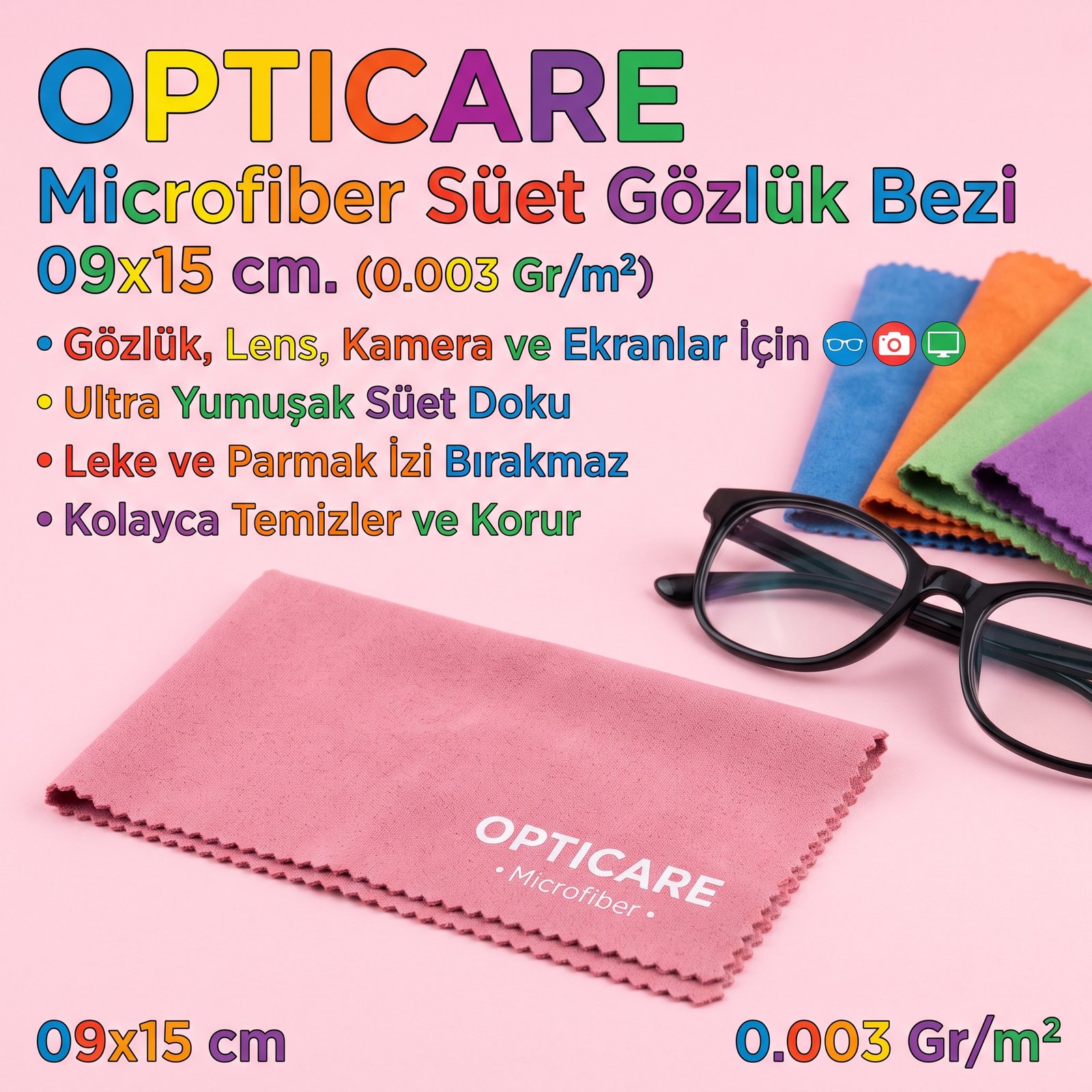 Opticare Microfiber Süet Gözlük Bezi 09x15 cm. (0.003 Gr/m2)