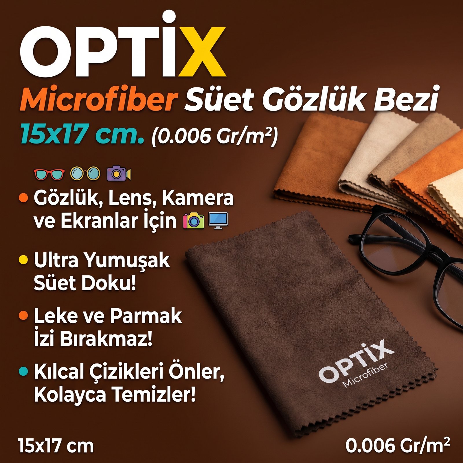Optix Microfiber Süet Gözlük Bezi 15x17 cm. (0.006 Gr/m2)