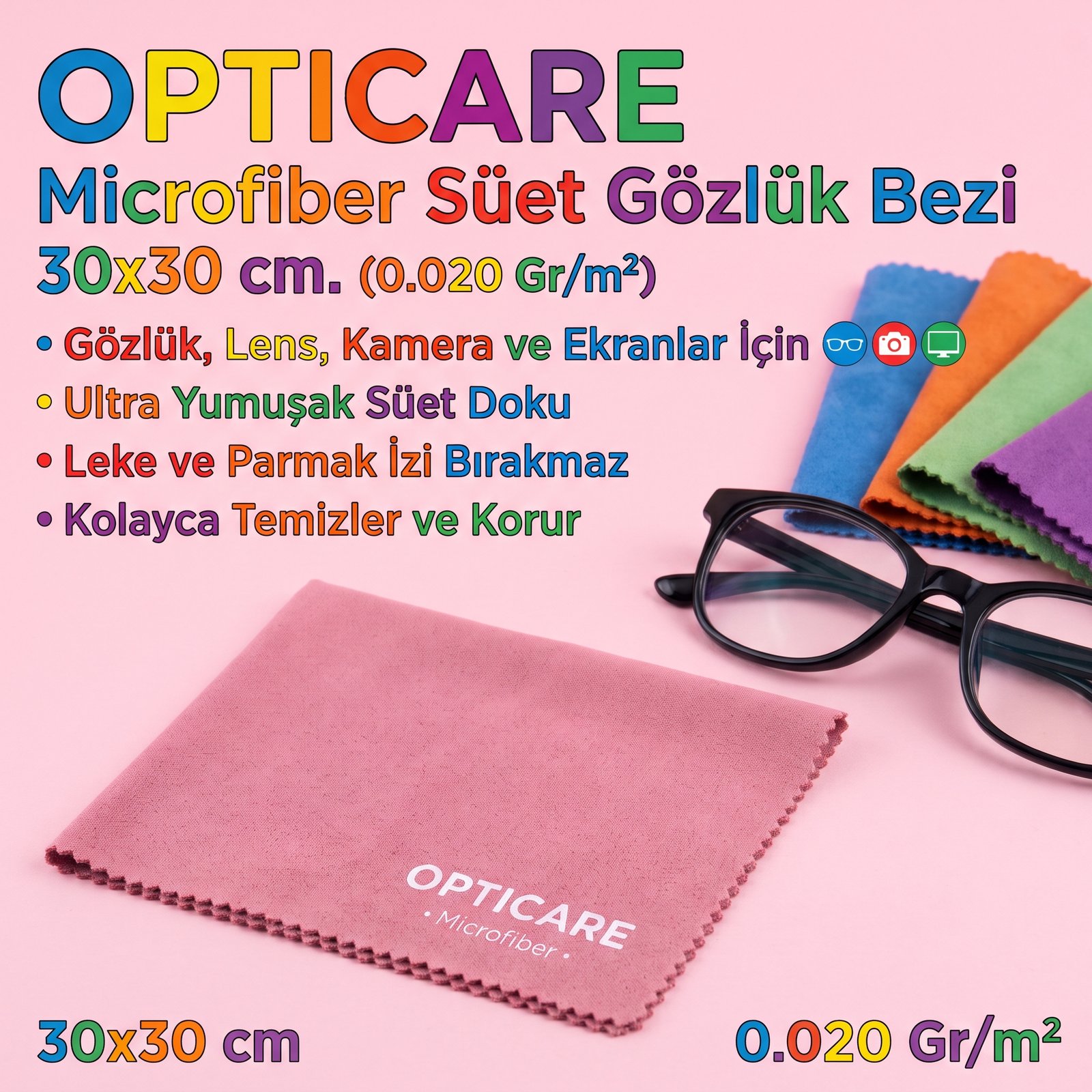 Opticare Microfiber Süet Gözlük Bezi 30x30 cm. (0.020 Gr/m2)