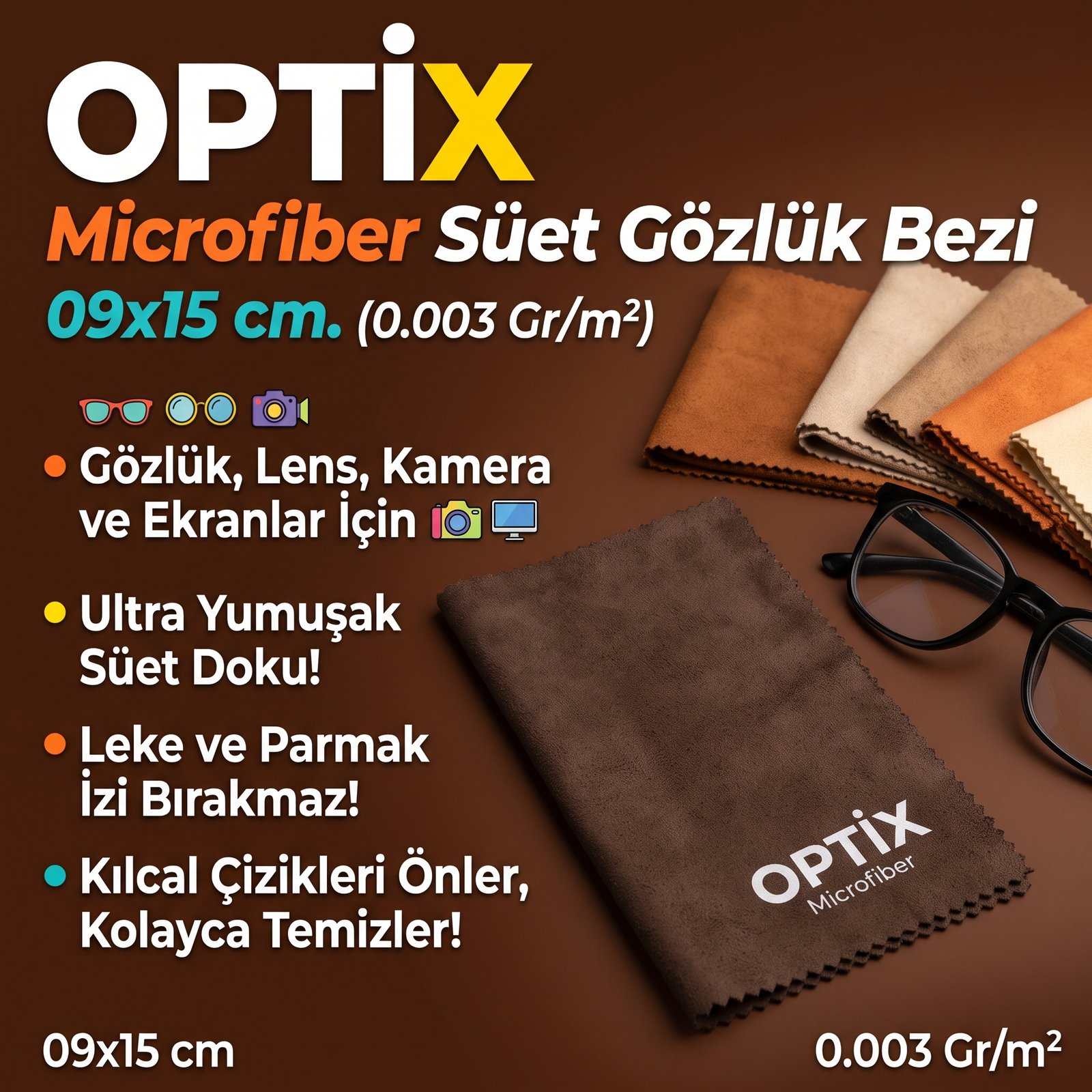 Optix Microfiber Süet Gözlük Bezi 09x15 cm. (0.003 Gr/m2)