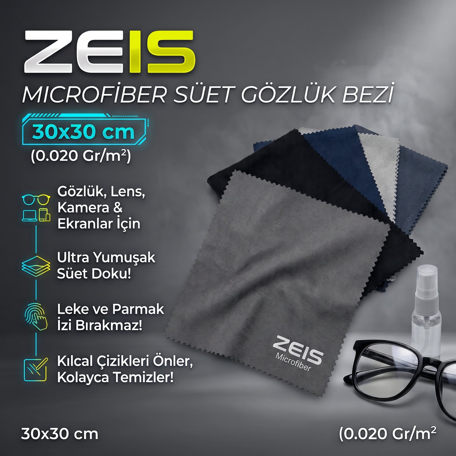 Zeis Microfiber Süet Gözlük Bezi 30x30 cm. (0.020 Gr/m2)