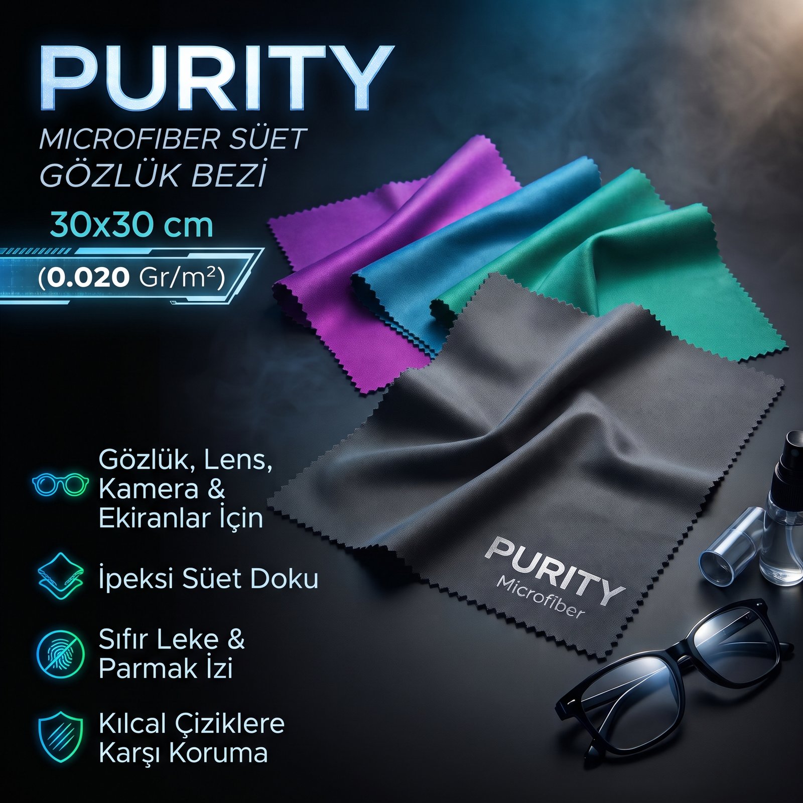 Purity Microfiber Süet Gözlük Bezi 30x30 cm. (0.020 Gr/m2)