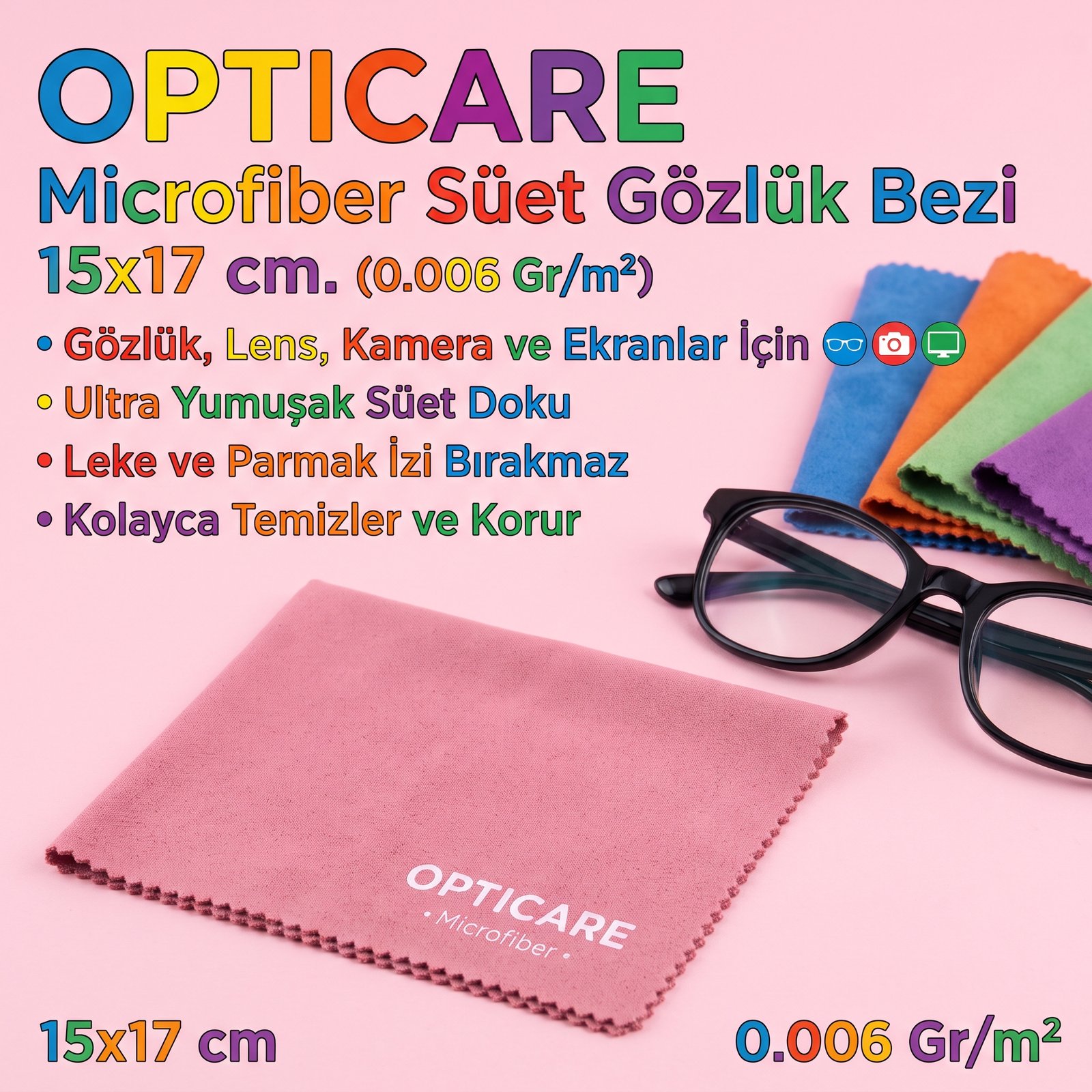 Opticare Microfiber Süet Gözlük Bezi 15x17 cm. (0.006 Gr/m2)
