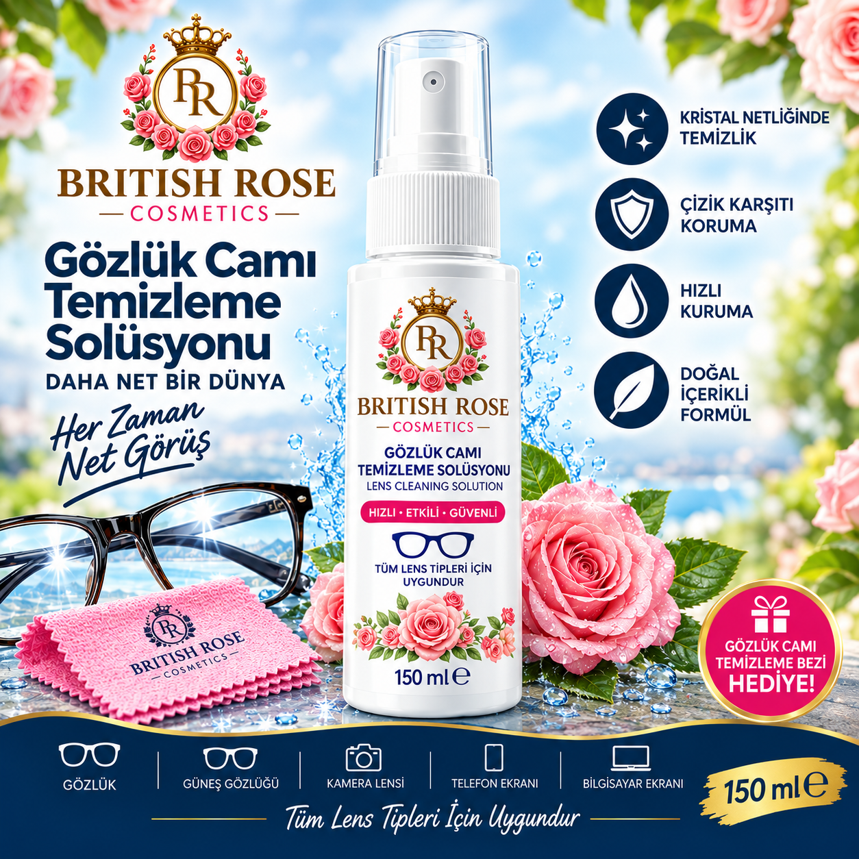 British Rose Gözlük Temizleme Solüsyonu 150 ml.
