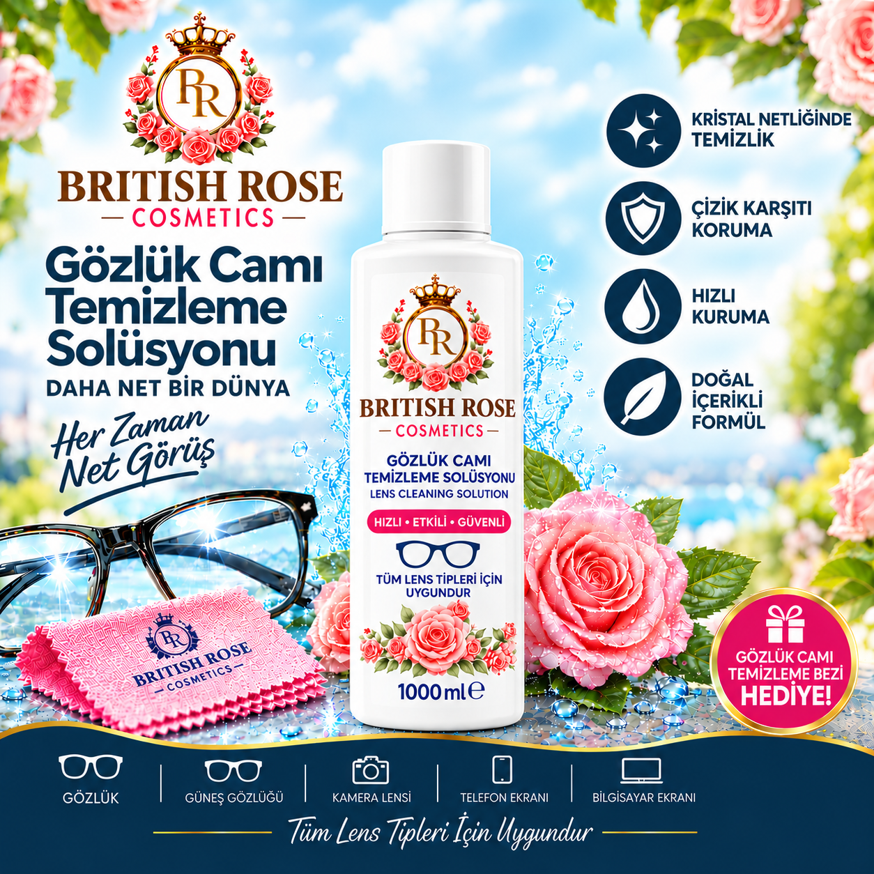 British Rose Gözlük Temizleme Solüsyonu 1000 ml.
