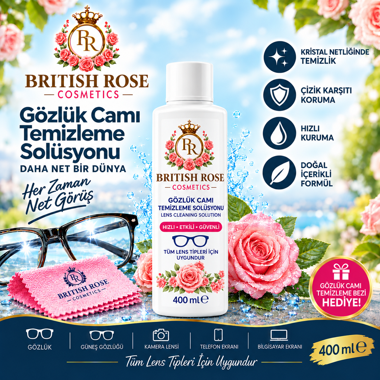 British Rose Gözlük Temizleme Solüsyonu 400 ml.