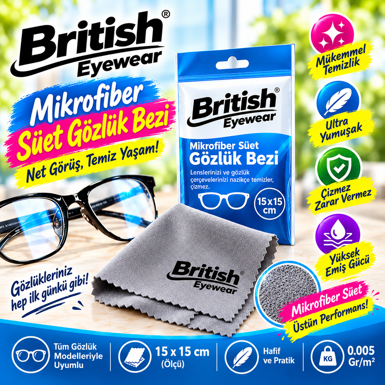 British Eyewear  Microfiber Süet Gözlük Bezi 15x15 cm. (0.005 Gr/m2)