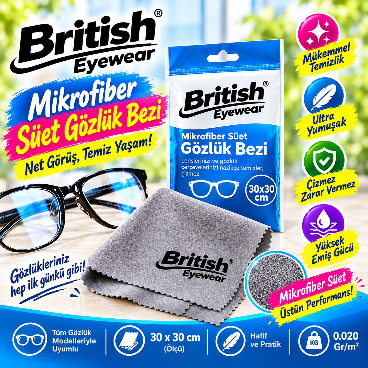 British Eyewear Microfiber Süet Gözlük Bezi 30x30 cm. (0.020 Gr/m2)
