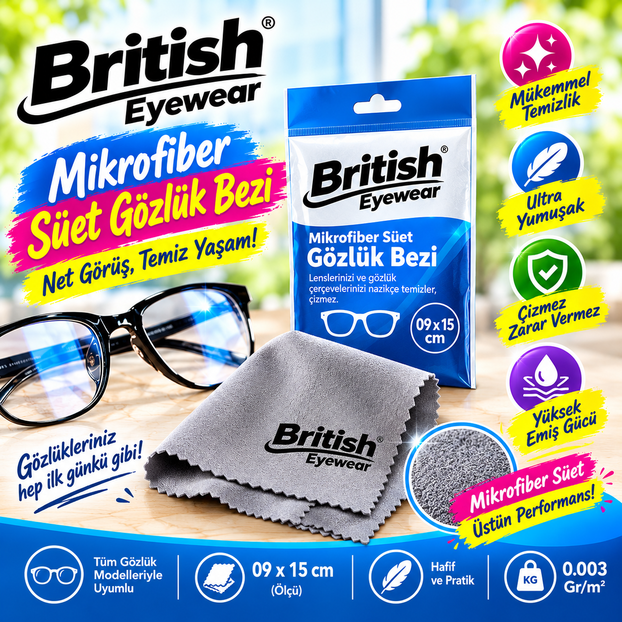 British Eyewear Microfiber Süet Gözlük Bezi 09x15 cm. (0.003 Gr/m2)
