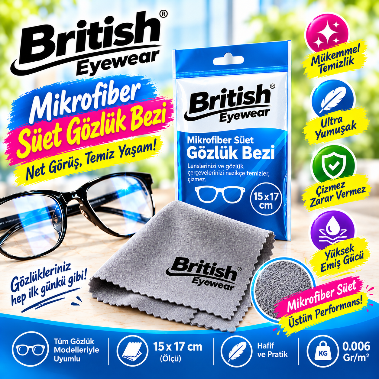 British Eyewear Microfiber Süet Gözlük Bezi 15x17 cm. (0.006 Gr/m2)