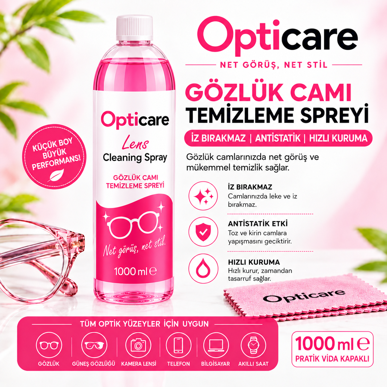 Opticare Gözlük Temizleme Solüsyonu 1000 ml.
