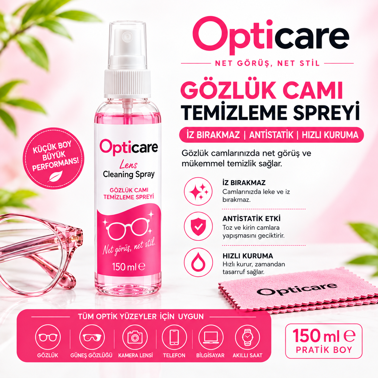 Opticare Gözlük Temizleme Solüsyonu 150 ml.