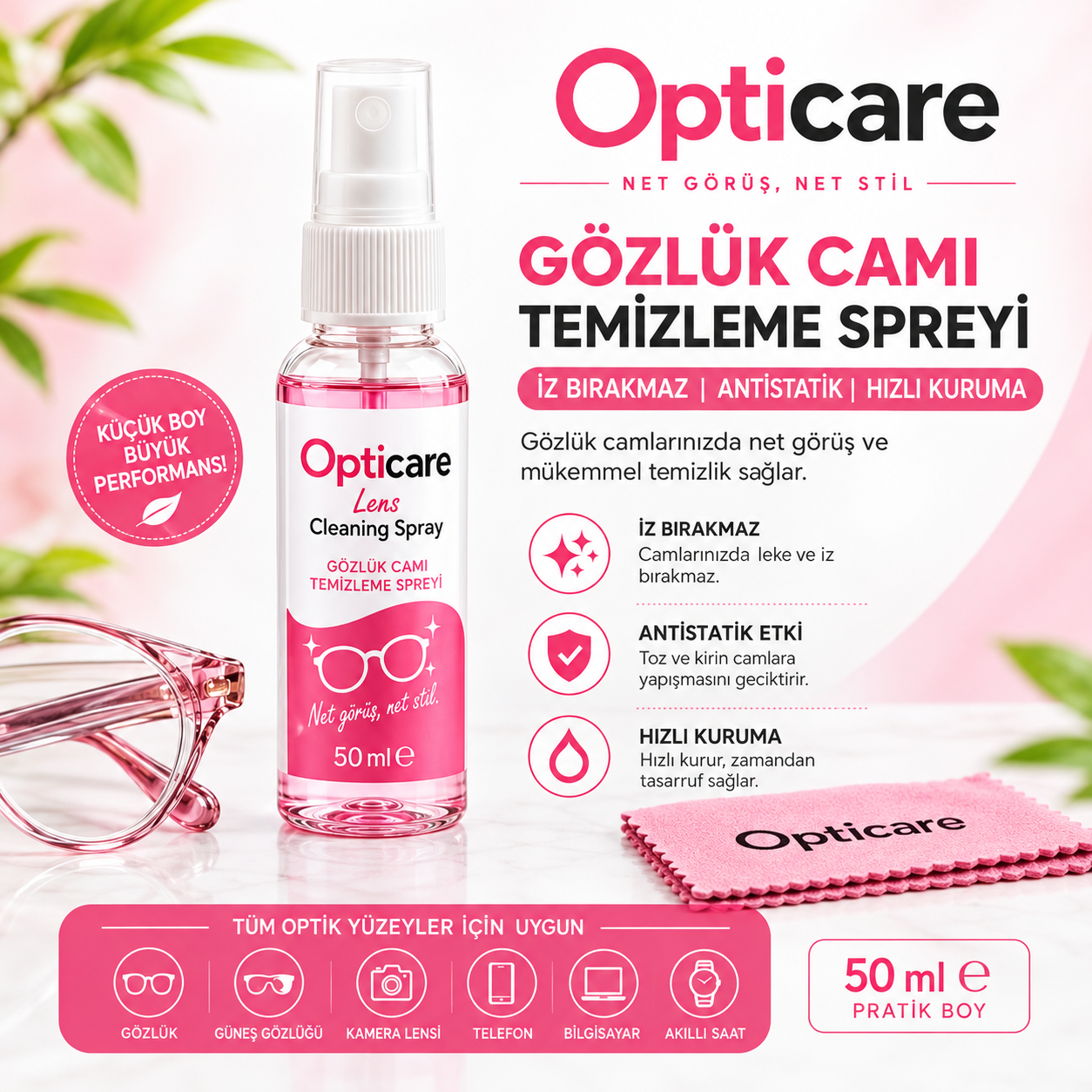 Opticare Gözlük Temizleme Solüsyonu 50 ml.