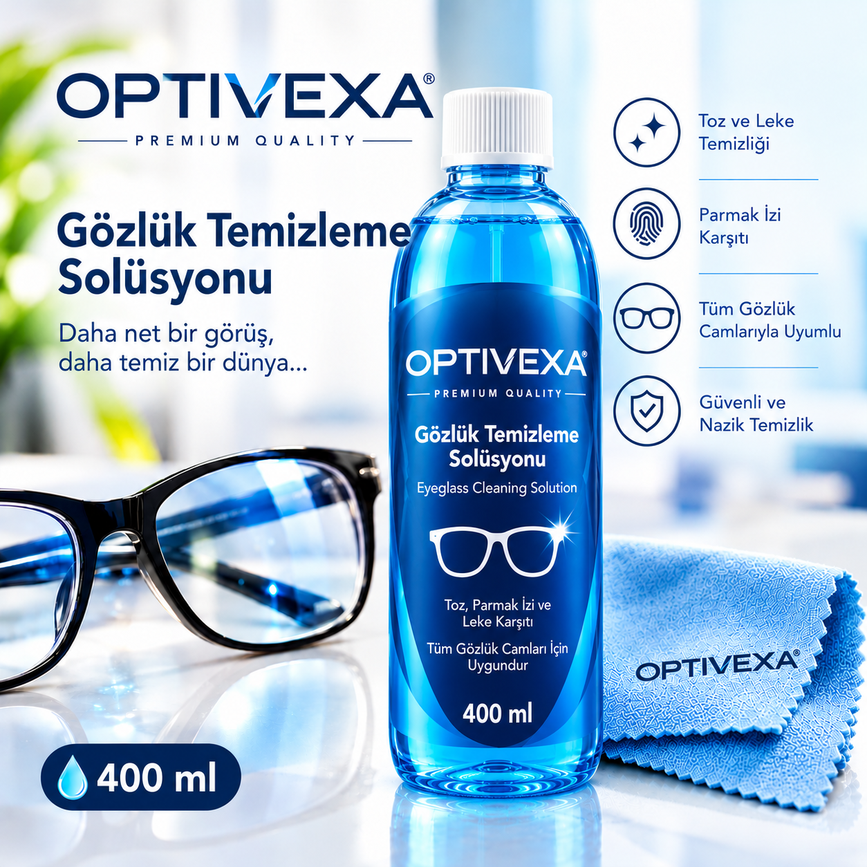 Optivexa Gözlük Temizleme Solüsyonu 400 ml.
