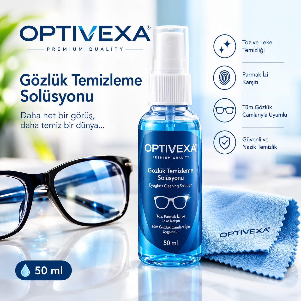 Optivexa Gözlük Temizleme Solüsyonu 50 ml.