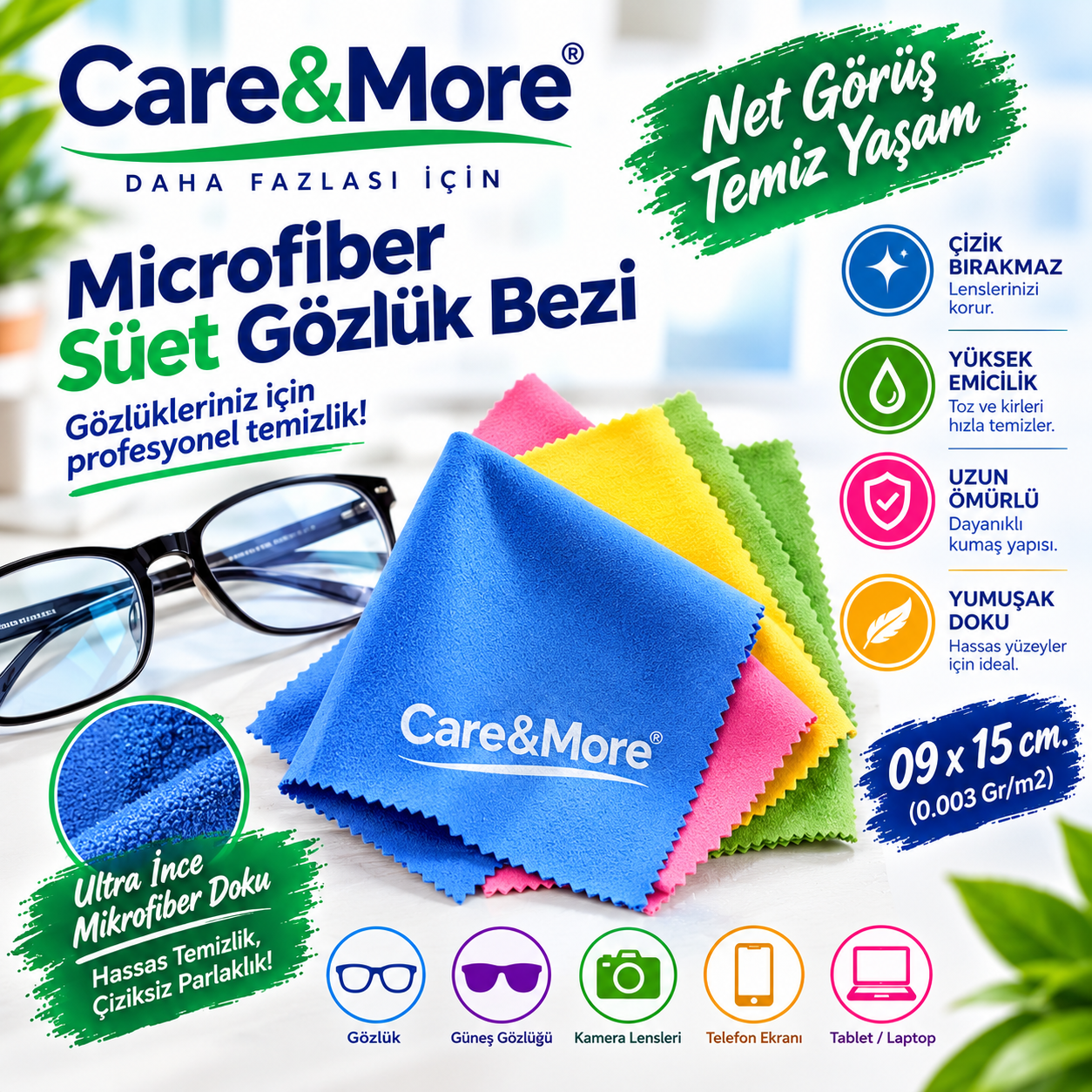 Care&More Microfiber Süet Gözlük Bezi 09x15 cm. (0.003 Gr/m2)